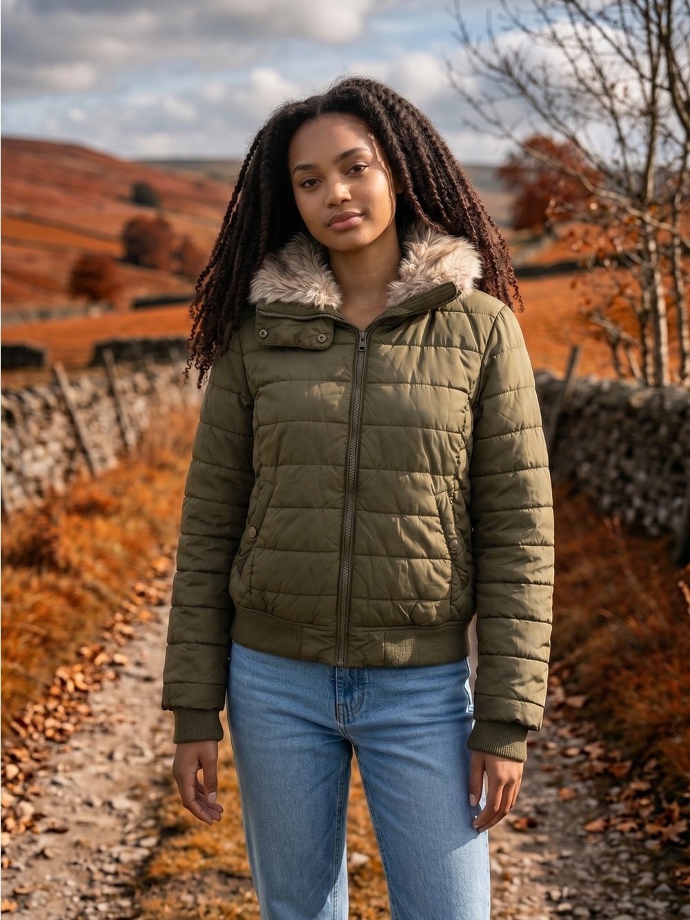 Aeropostale Olive Green Puffer Jacket Faux Fur Hood Women’s Large Winter Coat